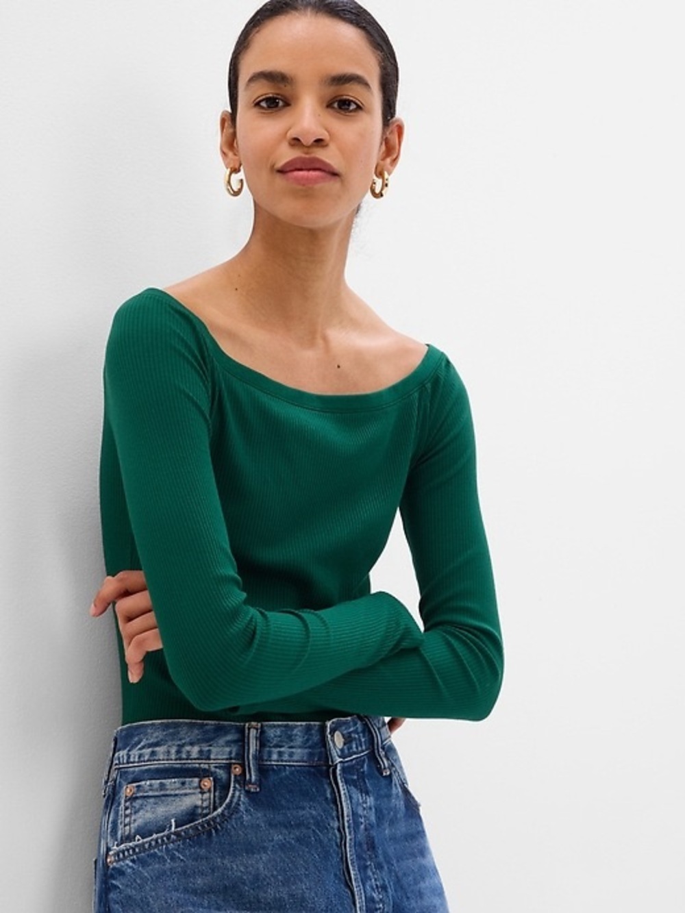 GAP Forest Green Ribbed Scoop-Neck Long Sleeve Top